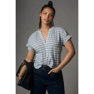 Pilcro Anthropologie The Tatum Flutter-Sleeve Blouse Shirt Top Striped S 277864